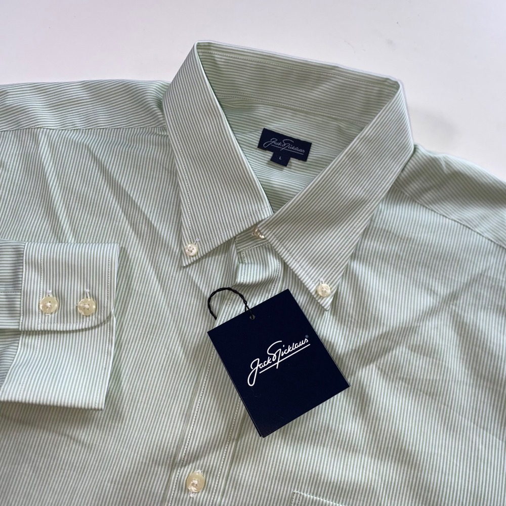 Jack Nicklaus Mens Green White Pinstripe Cotton Button Down Shirt‎ Large NWT